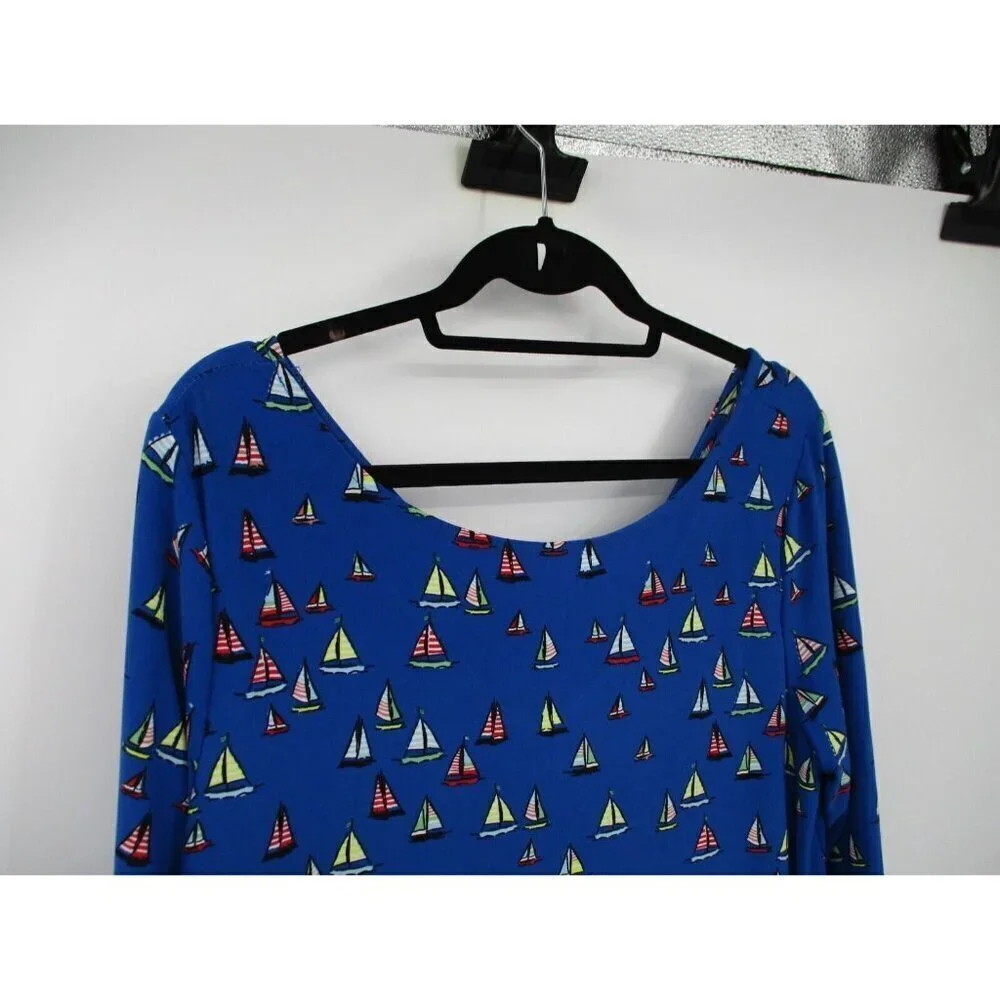 Leota Womens Dress 1X Long Blue Preppy Nautical Ships Boats Stretch Pullover